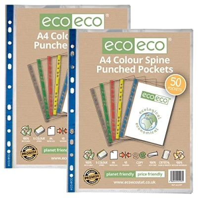 Image of eco A4 100% Recycled Coloured Spine Multi Punched Pockets Glass Clear, Transparent Poly Wallet Sheet Protector, 45 Microns, 100 pcs (2X 50 Pockets), eco107x2