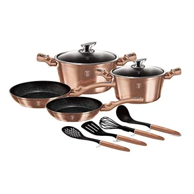 Image of 10 Pcs Colorful Aluminum Non Stick Cooking Kitchen Cookware Utensil Home Induction Set (Rose Gold Set)