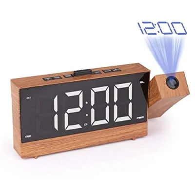 Image of ERNZI Projection Alarm Clock, Wooden LED Clock Digital Radio FM Snooze with Electronic