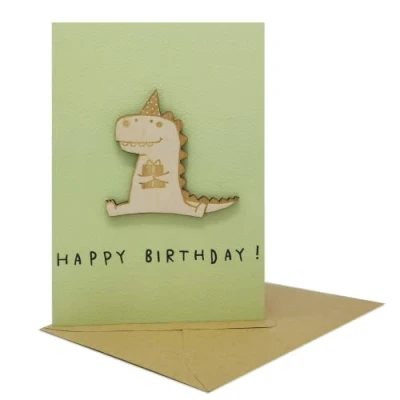 Image of Woodland Mail Cute Dinosaur Birthday Card for Boys or Girls with Wooden Dino on the Front
