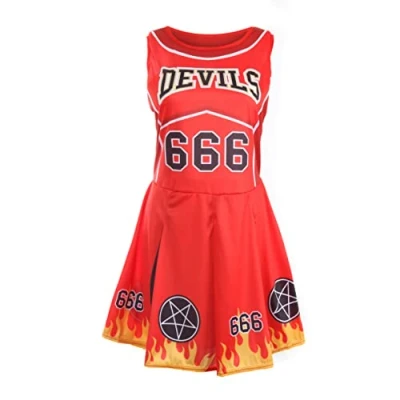 Image of Ladies Halloween Devil Cheerleader X Large Red and Black Dress with Flame Design Womens Fancy Costume