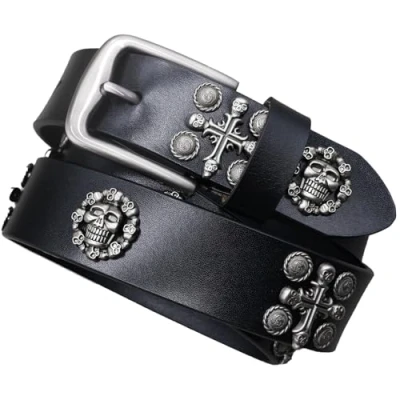 Image of Surrycee Black,115cm(38&quot; 40&quot;), Cool Mens Women Religious Cross and Skull Studded Leather Belt Punk Rock Biker Gothic Real Casual For Jeans Pants Dress, 3.8cm Wide