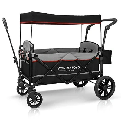 Image of WONDERFOLD X2 2 Passenger Push Pull Twin Double Stroller Wagon with Adjustable Handle Bar, Removable Canopy, Safety Seats 5 Point Harness (Black)