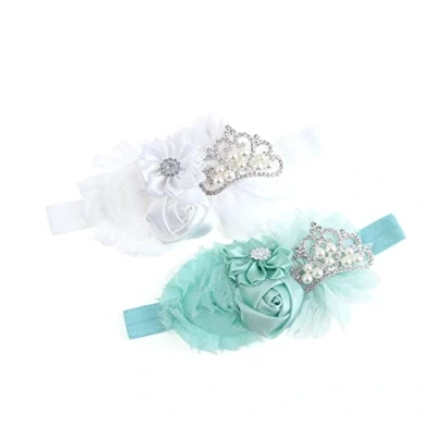 Image of Nishine Baby Christening Headband Toddler Girls Fabric Flower Tiara Stretchy Elastic in Pairs (Child, White/Mint)