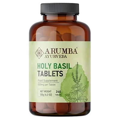 Image of Arumba Ayurveda Tulsi (Holy Basil) Tablets 240 nos, Ocimum Sanctum 500 mg per Tablet, Made from Pure Leaf Powder