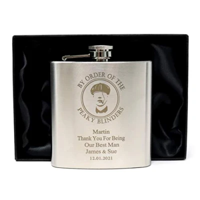 Image of Personalised Engraved Silver Hip Flask in Silk Gift Box Peaky Blinders Design