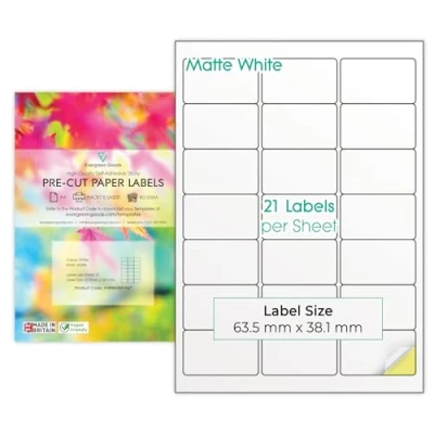 Image of Evergreen Goods A4 Precut Multi Sticker Labels Matte White 3x7, 21 per Sheet: 1,050 in Total, 50 Sheets Inkjet &amp; Laser Printable Sticky Back Self Adhesive Purpose Printing Paper