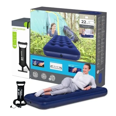Image of Topline Inflatable Mattress Air Bed &amp; Pump Blue Single 12&quot; Hammer with Card. Portable great for Camping, Guest Bed, Campervan
