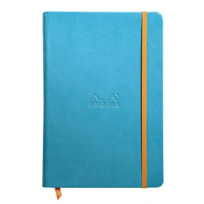 Image of RHODIA 118747C Turquoise Rigid Notebook A5 Lined 192 pages Clairefontaine Ivory Paper 90 g/m Bookmark, Elastic Closure Faux Leather Cover Rhodiarama Collection