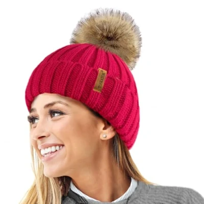 Image of TOSKATOK®Womens Warm Winter Hat Woolly Knitted Beanie with Detachable Chunky Faux Fur Bobble Pom RED