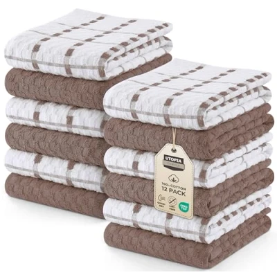 Image of Utopia Towels 12 Kitchen Set 38 x 64 cm 100% Ring Spun Cotton Super Soft and Absorbent Dish Towels, Tea Bar (Brown)