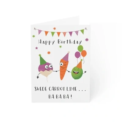 Image of Funny Birthday Card Swede Carrot Lime Happy for her gifts from women Friend Gift him Mum