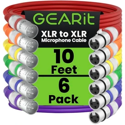 Image of GearIT XLR to Microphone Cable (10 Feet, 6 Pack) Male Female Mic 3 Pin Balanced Shielded for Mixer, Recording Studio, Podcast Multi Colored, 10Ft, Pack