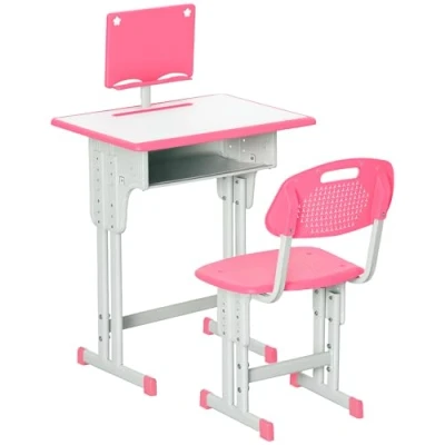 Image of HOMCOM Kids Desk and Chair Set Adjustable Height Study Table w/Drawer, Book Stand, Pen Slot Pink
