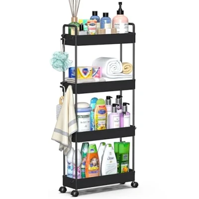 Image of SOLEJAZZ 4 Tier Storage Trolley Cart Slide out Slim Rolling Utility Mobile Shelving Organizer for Kitchen, Bathroom, Laundry Room, Bedroom, Narrow Places, Plastic, Black