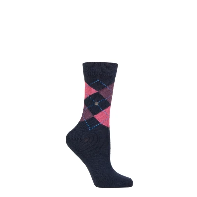 Image of 1 Pair Navy / Pink Whitby Extra Soft Argyle Socks Ladies 3.5 7 Burlington