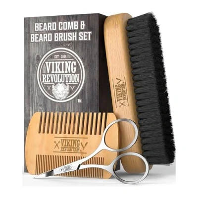 Image of Viking Revolution Beard Brush For Men Natural Boar Bristle And Dual Action Pear Wood Combs With Velvet Travel Pouch Mens Gifts 3 Pieces