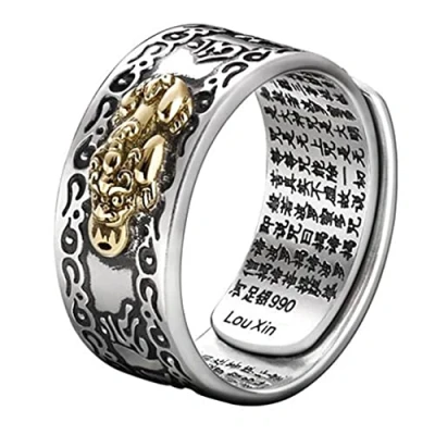 Image of PHILSP Feng Shui Pixiu Ring Mani Mantra Protection Wealth Charms Amulet Lucky Open Adjustable Buddhist Jewelry, Black