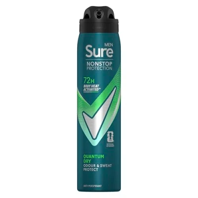 Image of Sure Men Quantum Dry Nonstop protection anti perspirant deodorant Aerosol MotionSense technology spray 72h against sweat and odour 250 ml