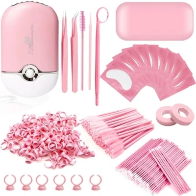 Image of Eyelash Extension Supplies Lash Kit USB Air Conditioning Blower,Silicone Pad,Under Eye Gel Pads,Mini Makeup Mirror,Tapes,Tweezers,Glue Rings,Eyelash Brushes,Mini Applicator