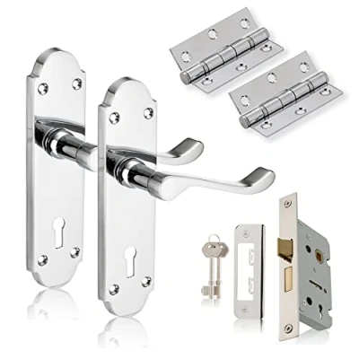 Image of XFORT Chrome Elegance Range Polished Richmond Lever Lock Pack, Complete Set with Door Handles, 65mm Sashlock and 75mm Ball Bearing Hinges, for Internal Wooden Doors