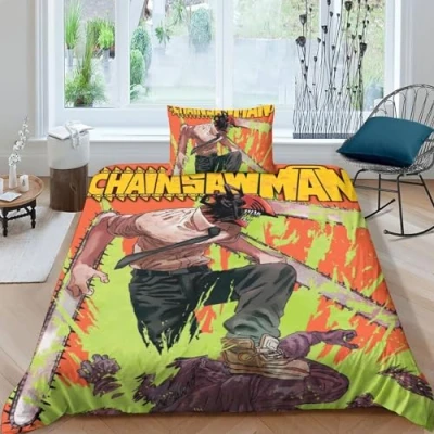 Image of BYTUGI Chainsaw Man Duvet Cover Set 3D Printed Comics Quilt Hidden Zipper Closure Microfiber Bedspread Bedroom Bed Bedding Single（135x200cm）