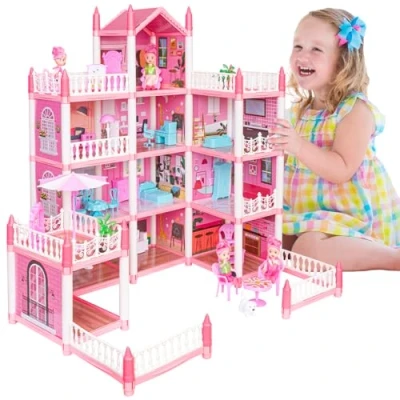 Image of EVERGD Dolls House for Girls, 4 story Pink Grand 11 Rooms Castle Dream Playset with 3Doll Furniture Accessories Mansion Playhouse Toy Xmas