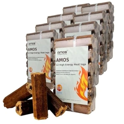 Image of AMOS Ultra Dry High Energy Heat Logs Eco Friendly Low Smoke Minimal Ash Sustainable Recycled Wood Fuel for Open Fires Burners Chimeneas 240