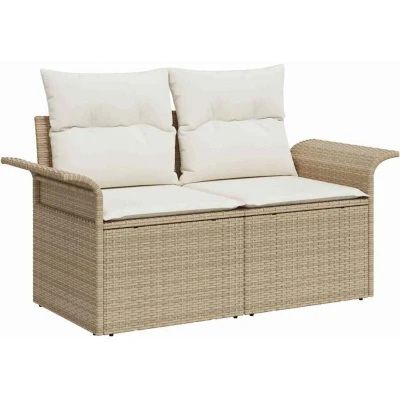 Image of vidaXL 2 Seater Garden Sofa with Storage &amp; Cushions Beige Poly Rattan