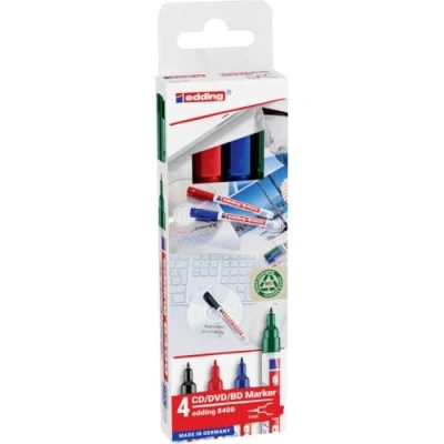 Image of edding 8400 CD/DVD/BD marker multi coloured 4 pens fine round nib 0.5 1 mm for permanent labelling of CDs, DVDs and Blu Ray Discs