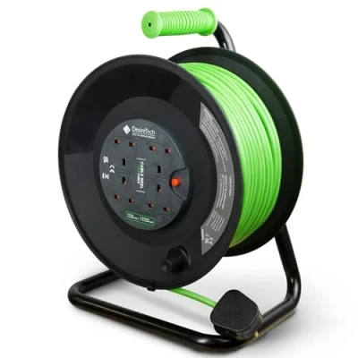 Image of Desiretech 4 Socket Extension Lead 50m Portable Cable Reel Thermal Cut Out, Ergonomic Handle, Green/Black Heavy Duty Cord for Indoor Use (50 Metre)