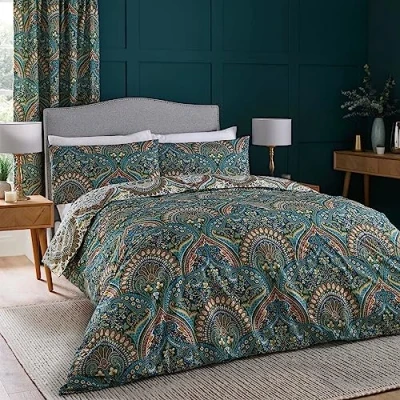 Image of Dreams &amp; Drapes Teal Jacobean Duvet Cover Super King Bedding Size (260 x 220cm) Reversible Designs 2x Pillowcases Moroccan Bohemian in Blue Exotic Persian Boho Bed