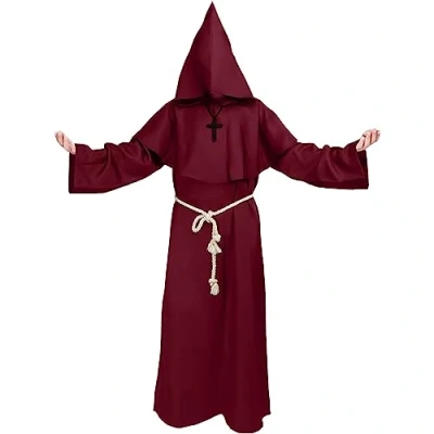 Image of Kitimi Monk Costume Adult Men, Hooded Robe Outfit, Medieval Friar Hooded, Renaissance Priest Robe, Halloween Costumes for Fancy Dress Halloween, Carnival (Red)