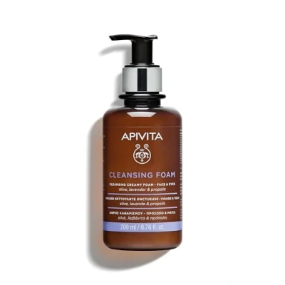 Image of Apivita Face Cleansing Foam for &amp; Eyes 200ml Foaming Facial Cleanser Makeup Remover Natural Wash with Lavender, Olive Propolis Gently Cleanses, Hydrates, Antioxidant Protection