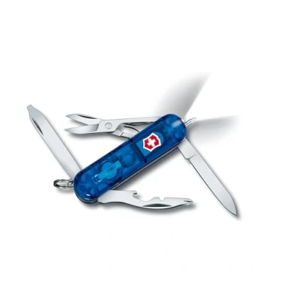Image of Victorinox Midnite Manager Swiss Army Knife, Small, Multi Tool, 10 Functions, LED, Scissors, Blue Transparent