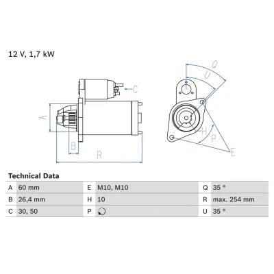 Image of 04801516AA, 4801516AA Starter motor BOSCH 0 986 021 330 12V 1,7kW 10 50, 30 rechts 60mm MERCEDES BENZ: C Class Saloon, T modell