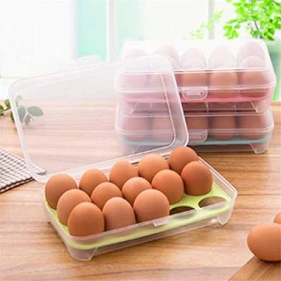 Image of Egg Container, Plastic Storage Box, 15 Grid Tray Refrigerator Eggs Organizer, Dispenser, Food Container with Holder Trays (White)
