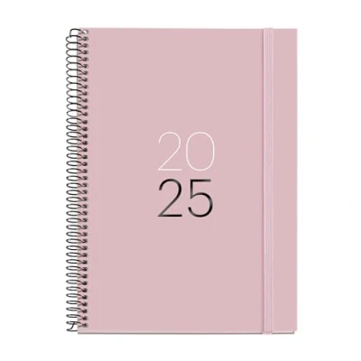 Image of Miquelrius 2025 Diary, 155 x 213 mm, Week to View Agenda, Laminated Cardboard Cover, Spiral, Elastic Closure, Paper 80 g/m², Catalan, English and Portuguese, Sand