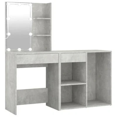 Image of vidaXL Concrete Grey Engineered Wood LED Dressing Table and Cabinet Set with USB Connected Bulbs Multiple Storage Compartments