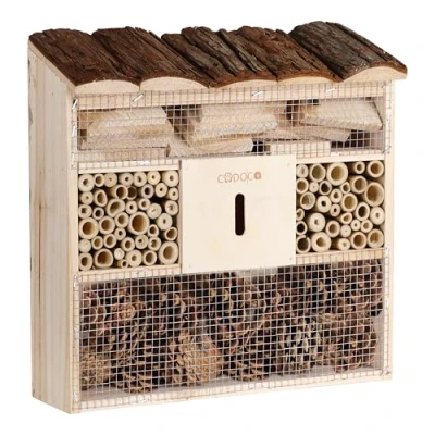 Image of CADOCA® Insect Hotel 30.5x31x9.5cm Natural Wooden Bee Bug Shelter Garden Nest Box Wood Nesting House Butterflies Ladybirds Gardening Habitat