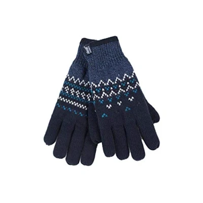 Image of HEAT HOLDERS Ladies Cute Striped Fairisle Warm Knitted Fleece Lined Winter Thermal Gloves (M/L, Navy (Trondheim))