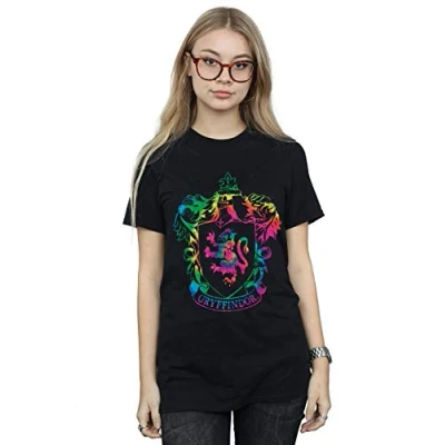 Image of Harry Potter Women&#039;s Gryffindor Crest Tie Dye Infill Boyfriend Fit T Shirt Black Large