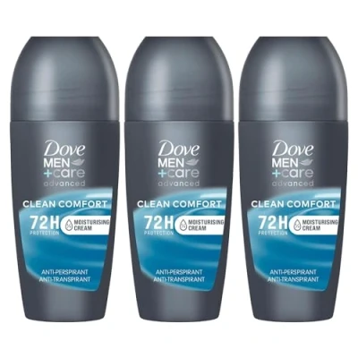 Image of Dove Men+Care Roll On Clean Comfort Advanced Moisturiser Technology 48 Hour Protection From Sweat &amp; Odour Dermatologically Tested Antiperspirant Deodorant, 50ml Pack of 3