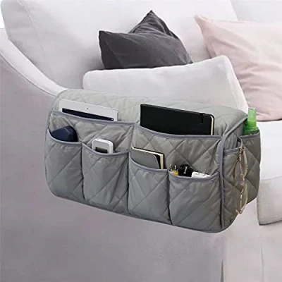 Image of Lyirfan Sofa Armrest Organizer Non Slip Storage Caddy Remote Control Holder with 14 Pockets,for Cell Phone,TVRemote Control,Magazines, Glasses,iPad (Grey)