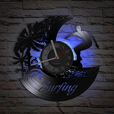 Image of Smotly Vinyl wall clock, creative surfing design clock decoration, Handmade Gift, suitable for any decoration! （With light/gift: hook+gift bag）