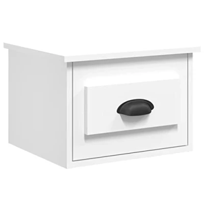 Image of vidaXL Wall Mounted Bedside Cabinet Elegant White Engineered Wood Floating Nightstand with Drawer Compact Space Saving Bedroom Furniture Dimensions 41.5x36x28cm