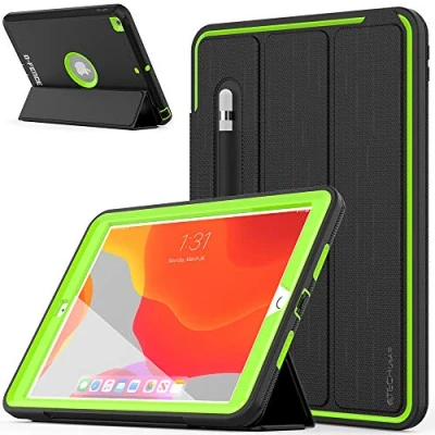 Image of TECHGEAR D FENCE Design For Apple iPad 10.2&quot; 2021/2020 / 2019 9th, 8th, 7th Generation, Slim Shockproof Tough Rugged Protective Armour Smart Case + Stand, Schools Builders Workman Kids [Green]