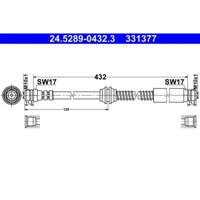 Image of 2K3611775A, 2K3611775D, 2K3611775F, 2K3611775G, 2K3611775J Brake Hose ATE 24.5289 0432.3 432mm M10x1mm VOLKSWAGEN: CADDY 3, 4 Kasten