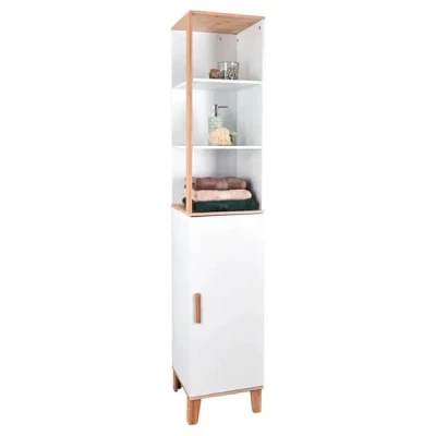 Image of Showerdrape Catania Tall Boy Freestanding Bathroom Cabinet With Bamboo Top, Internal And External Shelves, Organiser Cupboard For Kitchen, White H169 x W33x D31cm