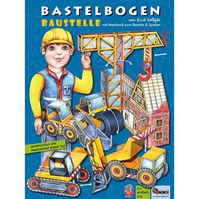Image of ATELIER COLOR Construction vehicles papertoys crafts for kids age 6+ toys with paper models mechanism, 3D kit excavator, crane, wheel loader, dump truck, roller building site